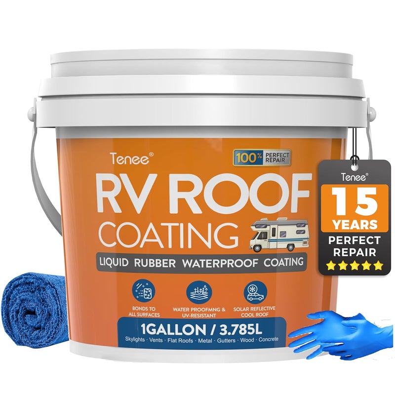 Tenee 1 Gallon RV Roof Coating White with Brush, Towel, Solar Reflective Sealant for Easy Insulation & Leak Repair, Liquid Flexible Rubber Camper RV Roof Sealant for Metal Building, Trailer, Motorhome - Image 1